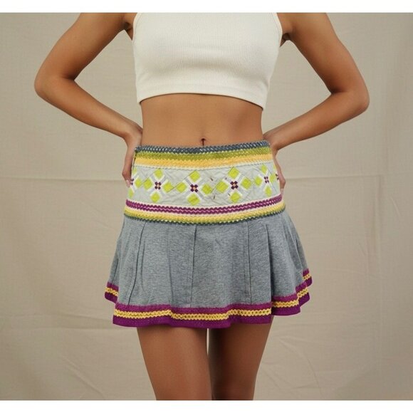 Y2K RARE Free People Boho Pleated Embroidered A-Line Mini Skirt • Skater Indie 6 - Picture 3 of 16